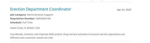 Job posting for an, 'Erection Department Coordinator'