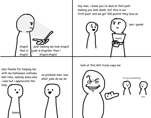 the doorkeys from "grok is this real" are reacting to the success. one felt stupid, the other feels happy for the positive result of post. happy doorkey comforts disappointed doorkey.the guy from that one meme artist i forgot the name of accuses the doorkeys for copycatting.