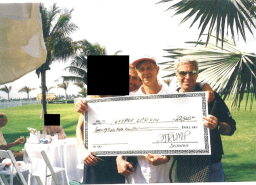 The photo shows Epstein and Joel Pashcow, a longtime member of Trump’s Mar-a-Lago resort, and a third figure, apparently a woman, whose face is redacted. They are holding a novelty check over a handwritten caption, apparently from Paschow, reading: “Jeffrey showing early talents with money + women! Sells ‘fully depreciated’ [redaction] to Donald Trump for $22,500.”