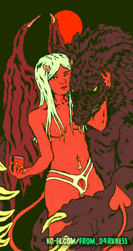 A mostly nude demoness carresses the head of a wearwolf like guardian as it growls at the viewer under a blood red moon.