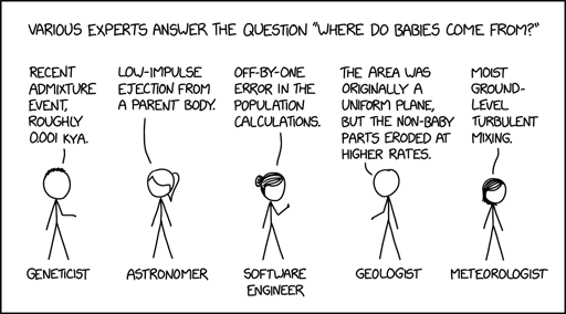 [Hairy, Ponytail, Hairbun, Cueball and Megan are standing below a question given at the top of the comic. Each of the five gives their answer to the question. Below each character is a label with their respective occupation.]Various experts answer the question “Where do babies come from?”

Geneticist
Hairy: Recent admixture event, roughly 0.001 Kya.

AstronomerPonytail: Low-impulse ejection from a parent body.

Software engineer

Hairbun: Off-by-one error in the population calculations.

Geologist
Cueball: The area was originally a uniform plane, but the non-baby parts eroded at higher rates.

Meteorologist
Megan: Moist ground-level turbulent mixing.