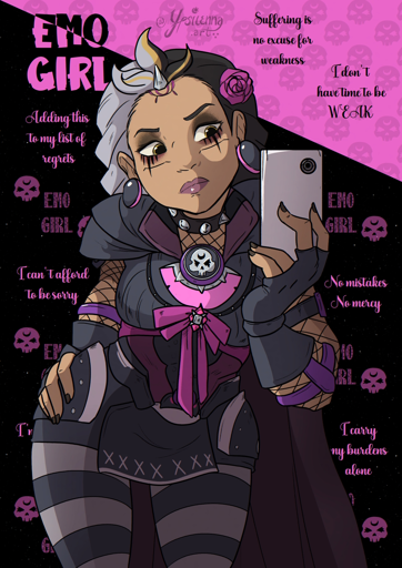 Illari from OVerwatch 2 dressed as an emo takes a selfie. The background looks like early 2000s emo myspace profile backgrounds. 