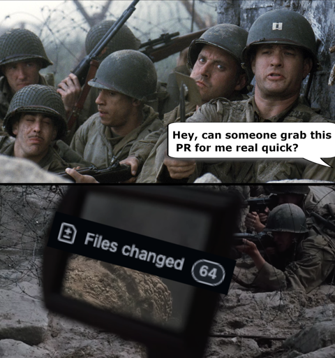A beach landing scene from Saving Private Ryan. Someone asks "Can someone grab this PR for me real quick?" whilst Tom Hanks pokes a mirror around a corner. A second image shows the mirror reflecting an image of a GitHub Pull Request "Files changed" counter with 64 files changed.