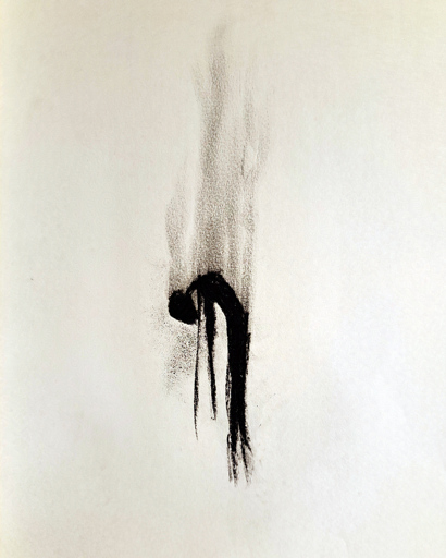 Charcoal smudge of a burned out person walking, smoke rising from the charred wisp of a figure.